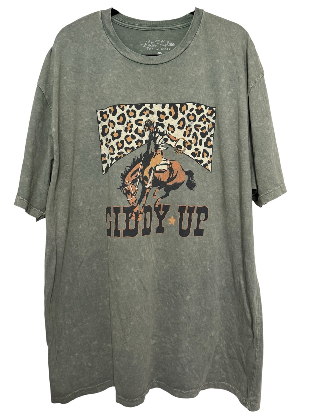 Lotus Fashion 'Giddy Up' Sage Green Mineral Wash & Leopard Print Border Sz 2XL